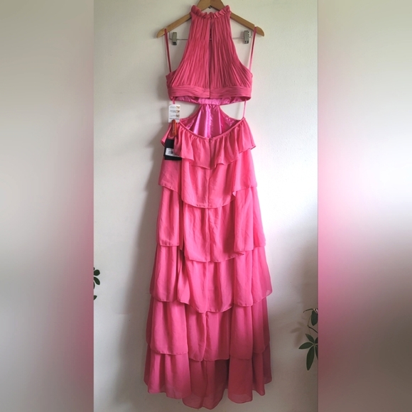 Ieena for Mac Duggal,  Tiered Ruffle Pleated High Neck Gown, HotPink, Size 6,NWT - Picture 5 of 16